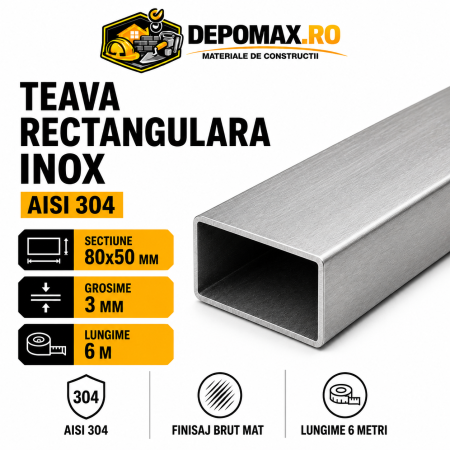 Teava rectangulara inox AISI 304, 80 x 50 x 3 mm, 6 metri